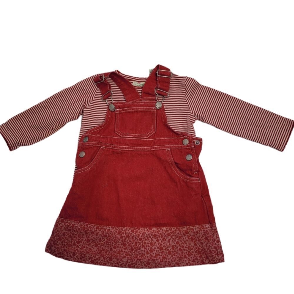 CHIBOOGI H&M denim red pinafore‎ dress with striped shirt set 18m